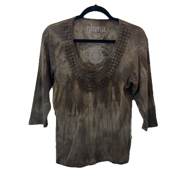 Glima Brown Tie Dye Shirt Womens Size L 3/4 Sleeve Hippie Boho Crochet Neck - Picture 1 of 9